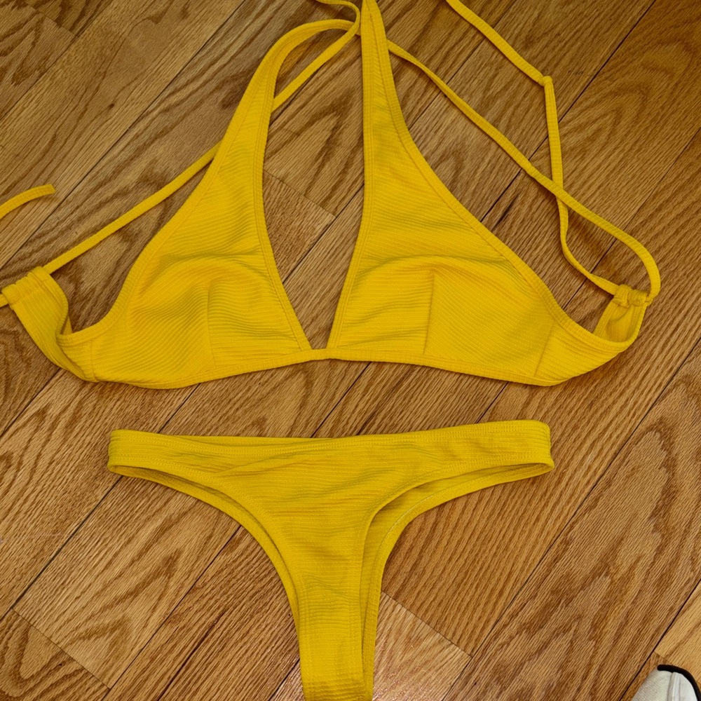 Yellow Ribbed Triangle Bikini Set